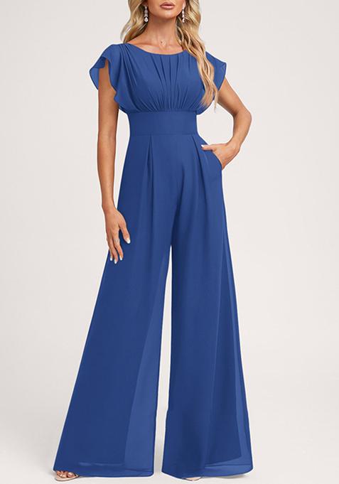 Royal Blue Ruffled Floor-Length Chiffon Jumpsuit