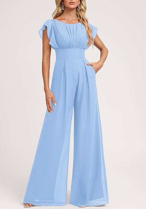 Light Blue Ruffled Floor-Length Chiffon Jumpsuit