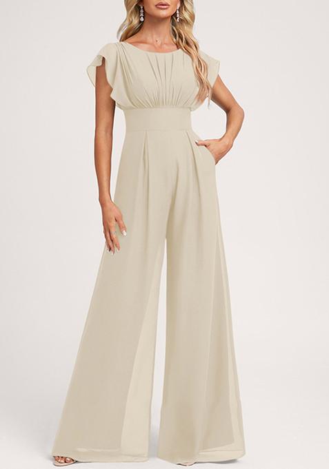 Grey Ruffled Floor-Length Chiffon Jumpsuit