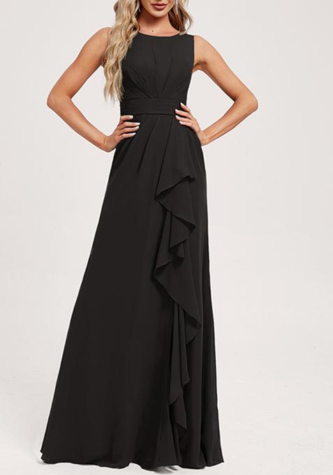 Black Ruffled A-line Scoop Neck Chiffon Gown