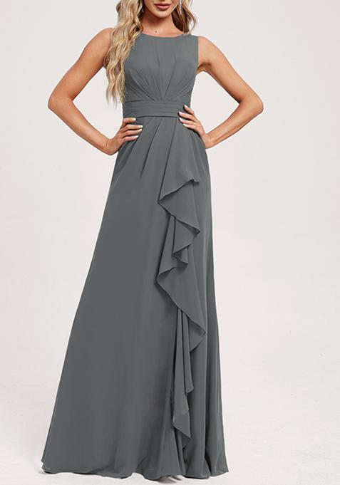 Steel Grey Ruffled A-line Scoop Neck Chiffon Gown