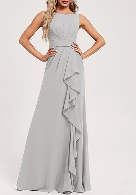 Silver Ruffled A-line Scoop Neck Chiffon Gown