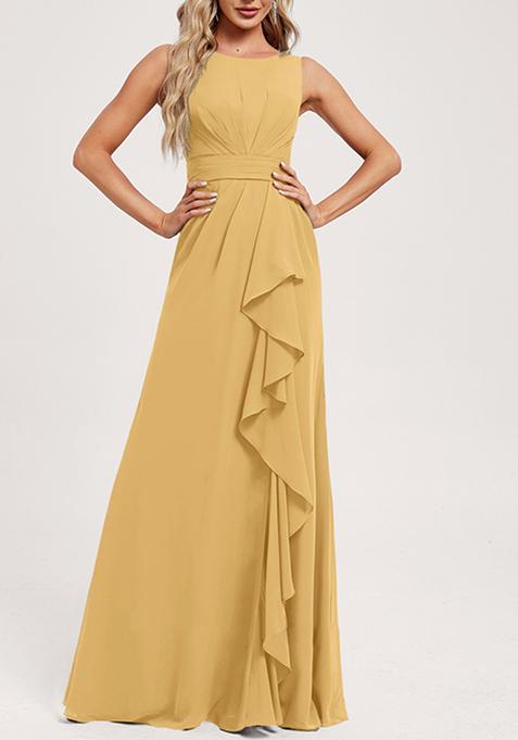 Gold Ruffled A-line Scoop Neck Chiffon Gown