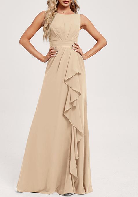 Beige Ruffled A-line Scoop Neck Chiffon Gown