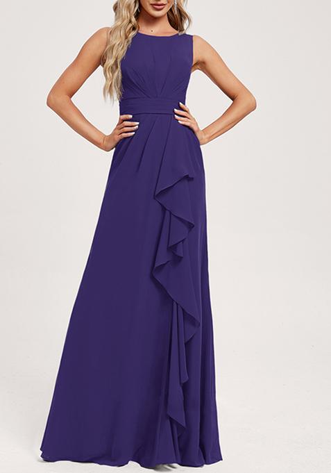 Purple Ruffled A-line Scoop Neck Chiffon Gown