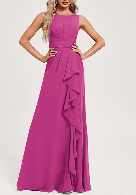 Fuchsia Ruffled A-line Scoop Neck Chiffon Gown