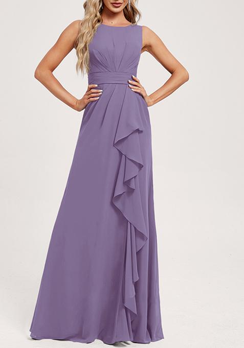 Purple Ruffled A-line Scoop Neck Chiffon Gown