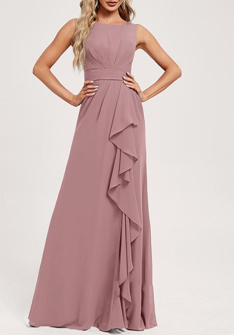 Mauve Ruffled A-line Scoop Neck Chiffon Gown