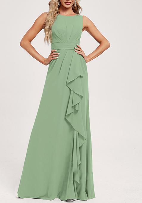 Green Ruffled A-line Scoop Neck Chiffon Gown