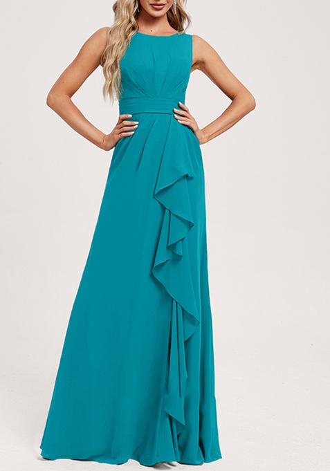 Jade Blue Ruffled A-line Scoop Neck Chiffon Gown