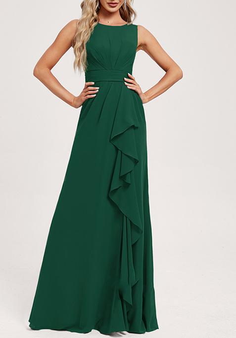 Dark Green Ruffled A-line Scoop Neck Chiffon Gown