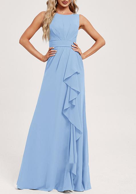 Light Blue Ruffled A-line Scoop Neck Chiffon Gown