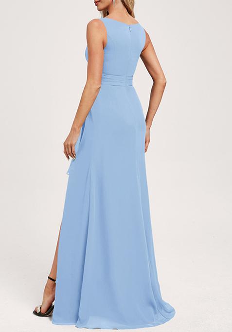 Rhinestone Scoop Neck Chiffon Long Dress Ink Blue