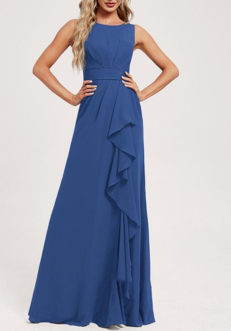 Royal Blue Ruffled A-line Scoop Neck Chiffon Gown