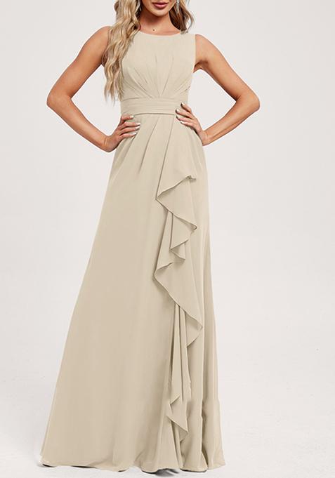 Grey Ruffled A-line Scoop Neck Chiffon Gown