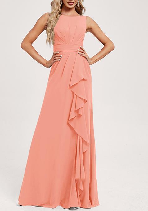 Coral Ruffled A-line Scoop Neck Chiffon Gown