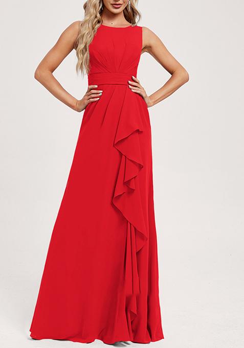 Red Ruffled A-line Scoop Neck Chiffon Gown