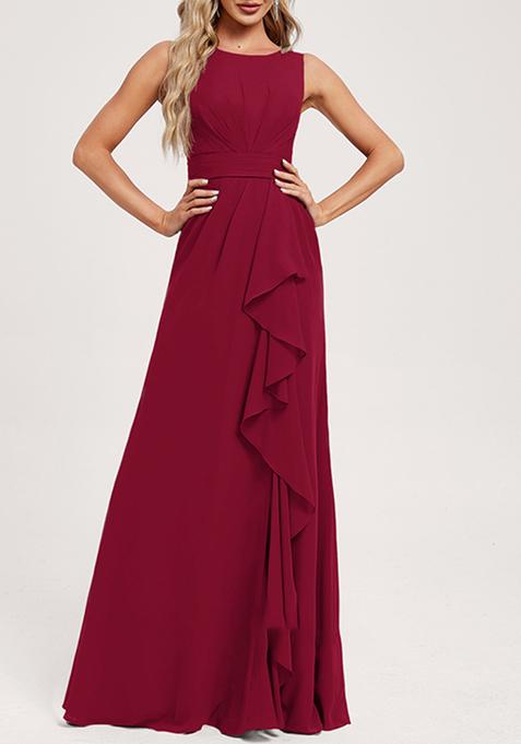 Burgundy Ruffled A-line Scoop Neck Chiffon Gown