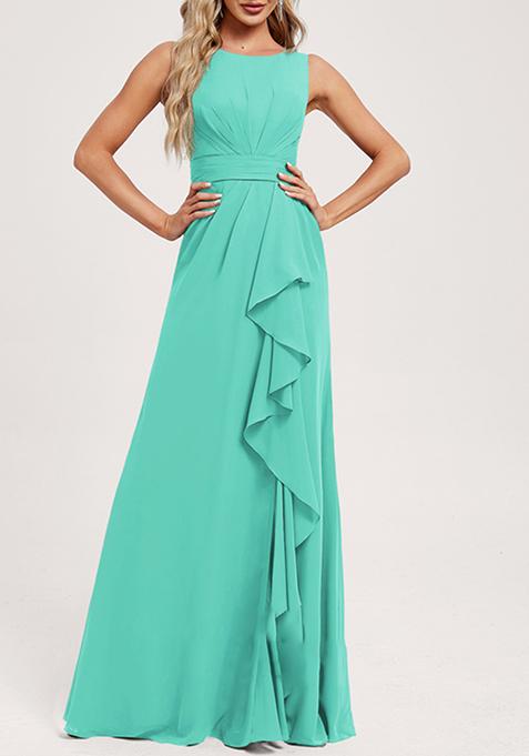 Aqua Blue Ruffled A-line Scoop Neck Chiffon Gown