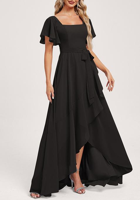 Black A-line Square Neck Asymmetrical Chiffon Gown