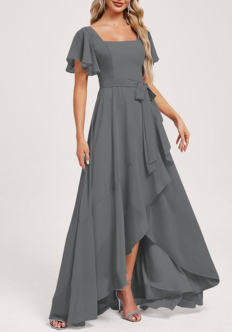 Steel Grey A-line Square Neck Asymmetrical Chiffon Gown