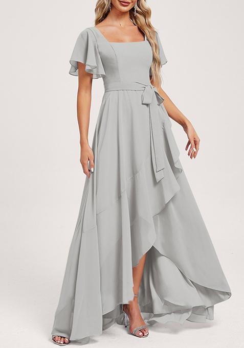 Silver A-line Square Neck Asymmetrical Chiffon Gown