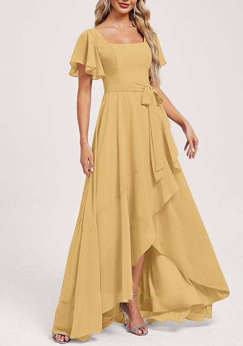 Gold A-line Square Neck Asymmetrical Chiffon Gown