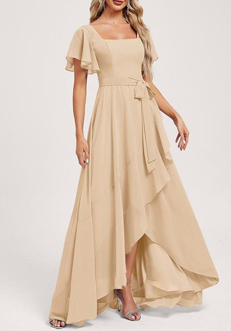 Beige A-line Square Neck Asymmetrical Chiffon Gown