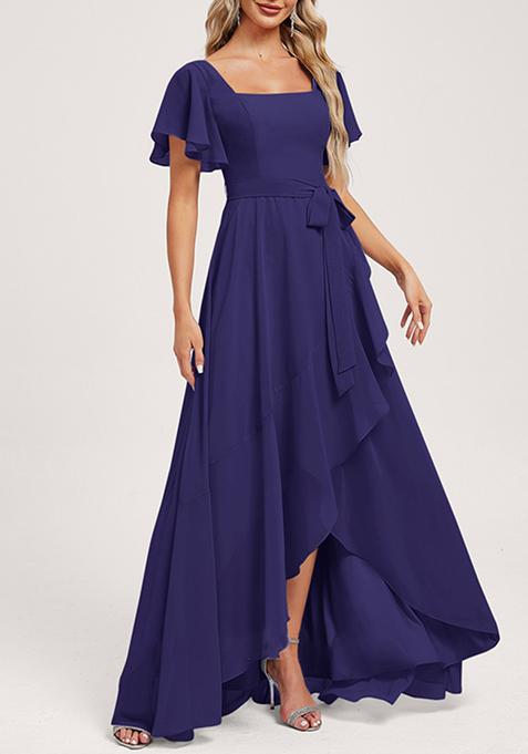 Purple A-line Square Neck Asymmetrical Chiffon Gown