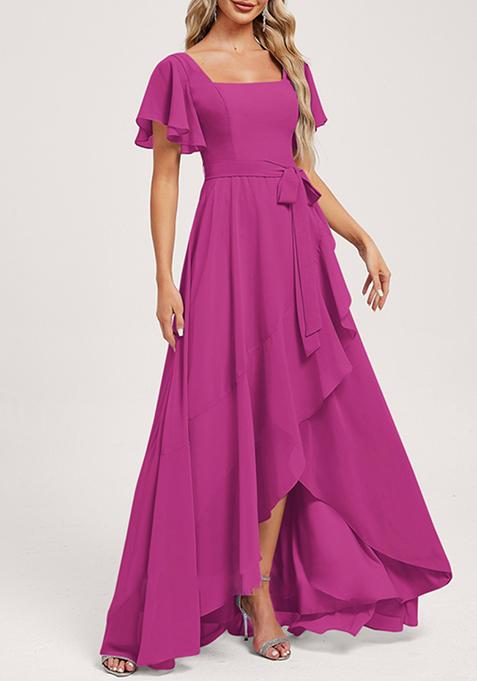 Fuchsia A-line Square Neck Asymmetrical Chiffon Gown