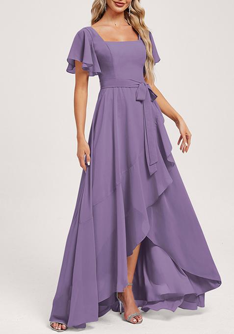 Purple A-line Square Neck Asymmetrical Chiffon Gown