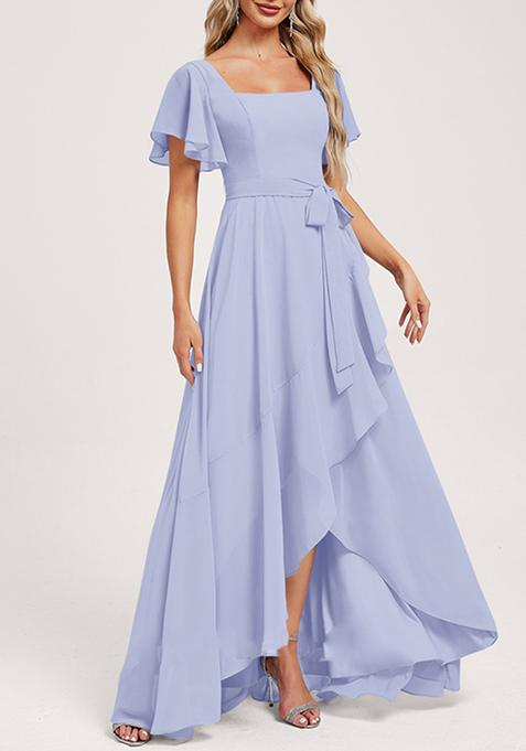 Lavender A-line Square Neck Asymmetrical Chiffon Gown