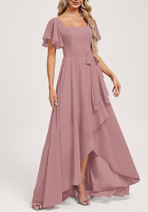 Mauve A-line Square Neck Asymmetrical Chiffon Gown