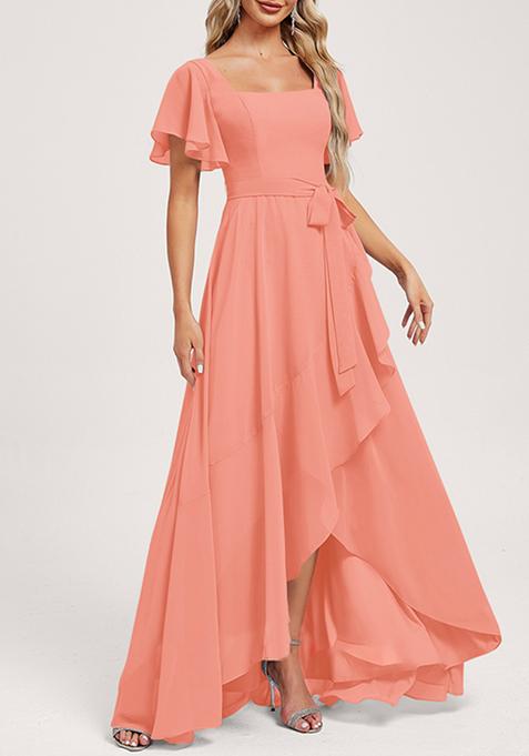 Coral A-line Square Neck Asymmetrical Chiffon Gown