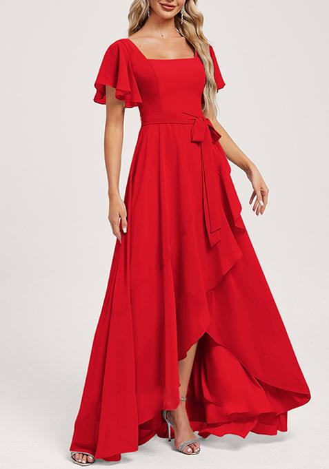 Red A-line Square Neck Asymmetrical Chiffon Gown