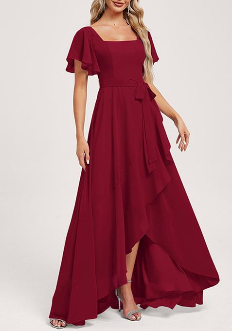 Burgundy A-line Square Neck Asymmetrical Chiffon Gown