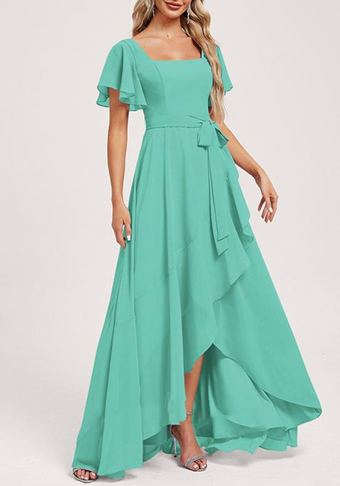 Aqua Blue A-line Square Neck Asymmetrical Chiffon Gown