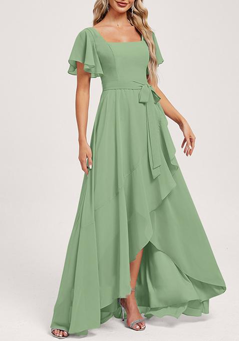 Green A-line Square Neck Asymmetrical Chiffon Gown