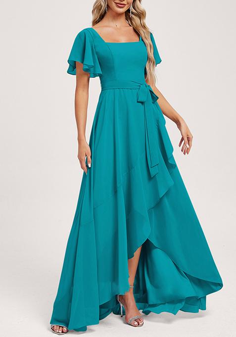 Jade Blue A-line Square Neck Asymmetrical Chiffon Gown