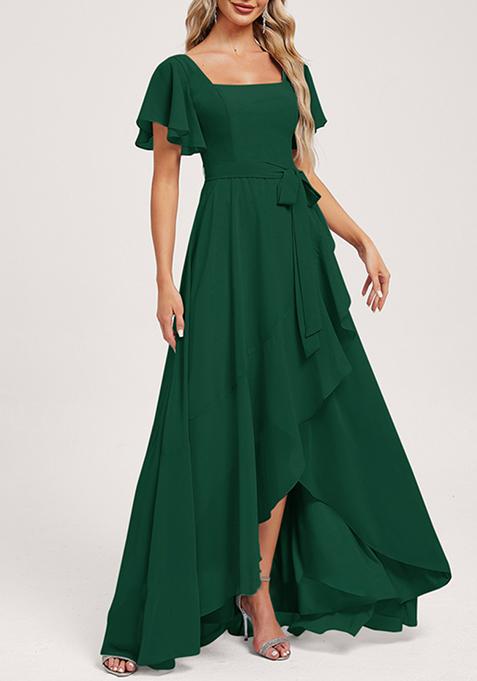 Dark Green A-line Square Neck Asymmetrical Chiffon Gown