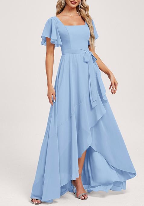 Light Blue A-line Square Neck Asymmetrical Chiffon Gown