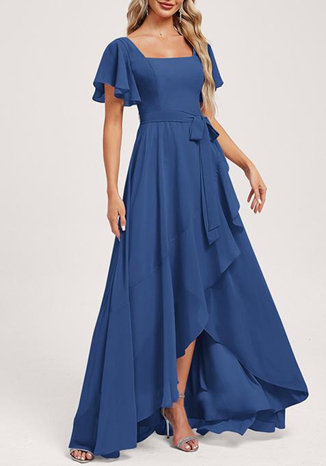 Royal Blue A-line Square Neck Asymmetrical Chiffon Gown