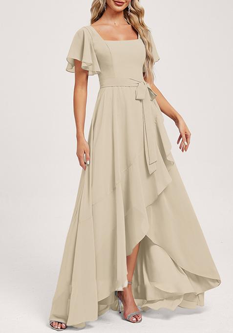 Grey A-line Square Neck Asymmetrical Chiffon Gown