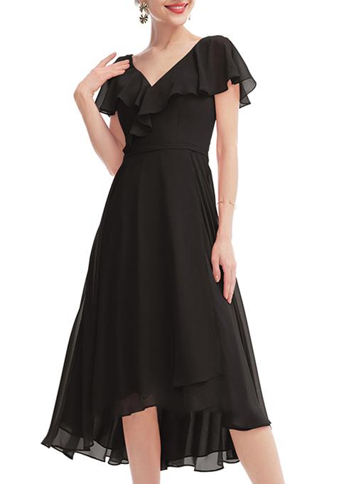 Black Ruffled A-line V-Neck Asymmetrical Chiffon Gown