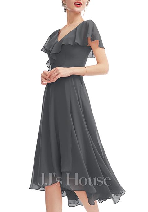 Steel Grey Ruffled A-line V-Neck Asymmetrical Chiffon Gown