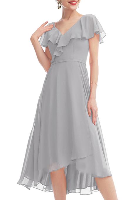 Silver Ruffled A-line V-Neck Asymmetrical Chiffon Gown