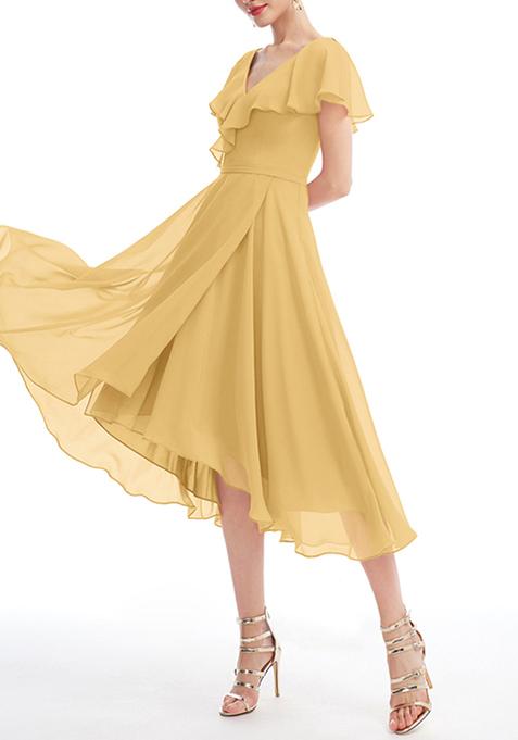 Gold Ruffled A-line V-Neck Asymmetrical Chiffon Gown