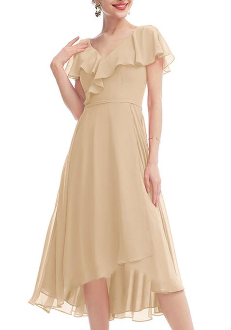 Beige Ruffled A-line V-Neck Asymmetrical Chiffon Gown