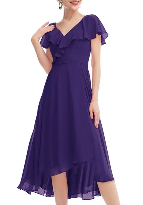 Purple Ruffled A-line V-Neck Asymmetrical Chiffon Gown