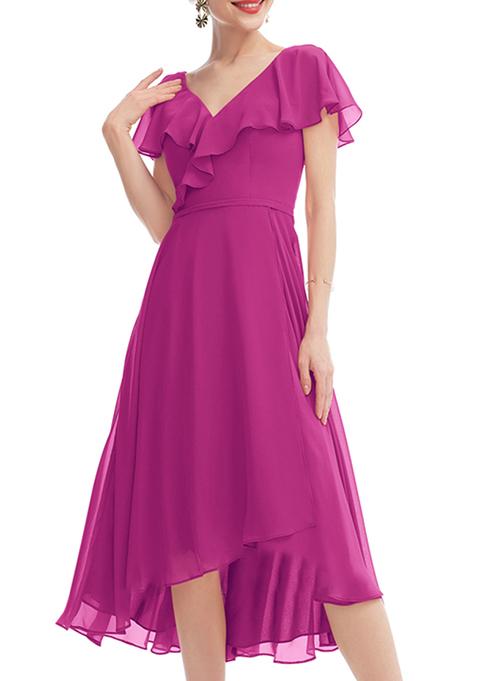 Fuchsia Ruffled A-line V-Neck Asymmetrical Chiffon Gown